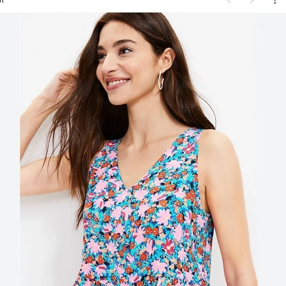 Loft Daisy Double V Peplum Shell Tank Top Floral Print Sz L Pink Blue Green